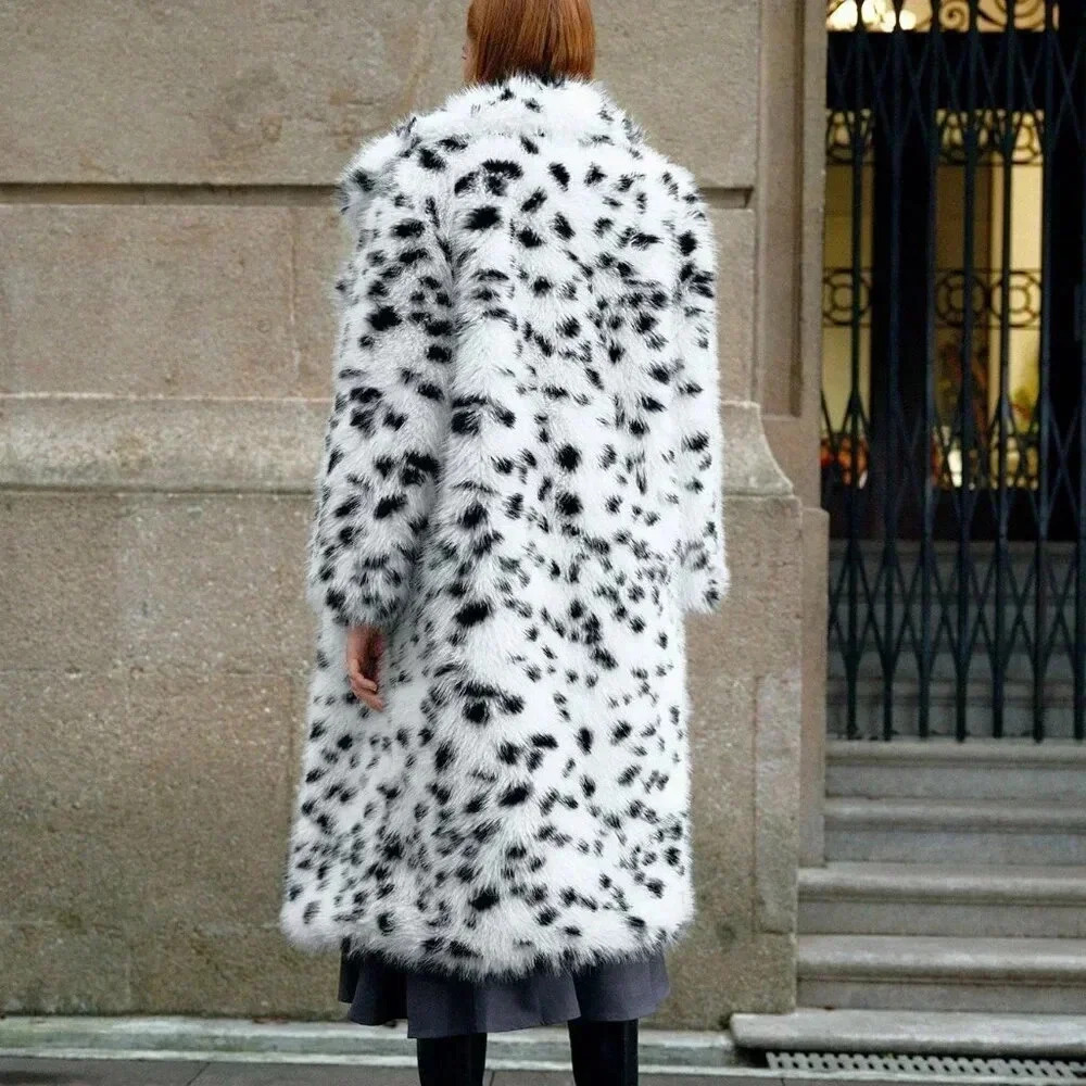 White Casual Women's Faux Fur Collar Mid-Long Leopard Print Fluffy Warm Coat - Picture 3 of 4
